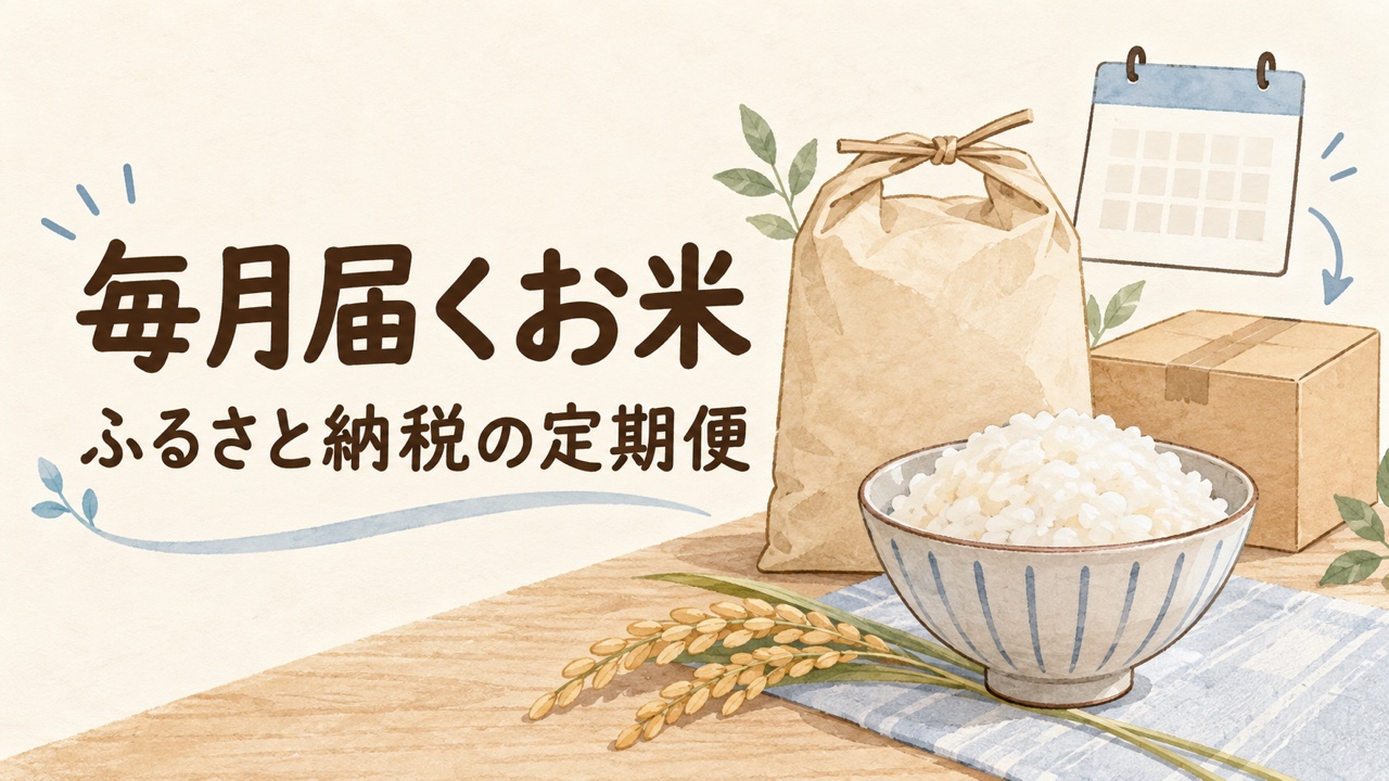 毎月届くお米、ふるさと納税の定期便。お米の袋、ご飯茶碗、配送箱とカレンダーのイラスト